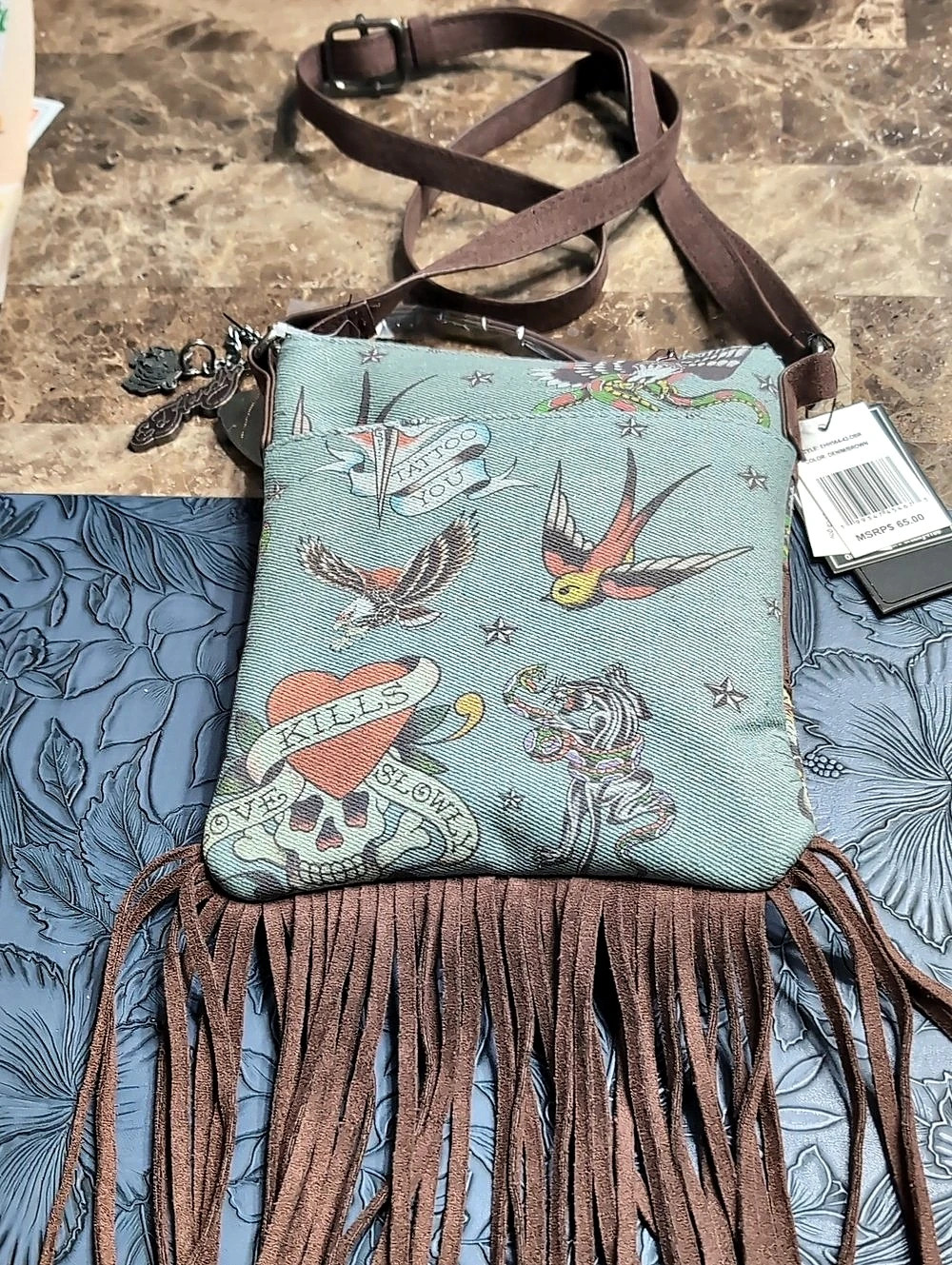 Ed Hardy Fringed Crossbody Bag in Blue Denim & Brown NWT